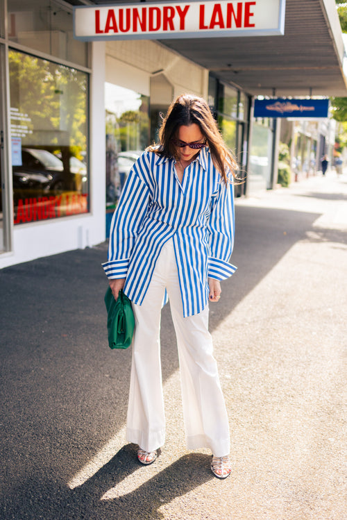 Loch Striped Poplin Button Up - Blue Stripe