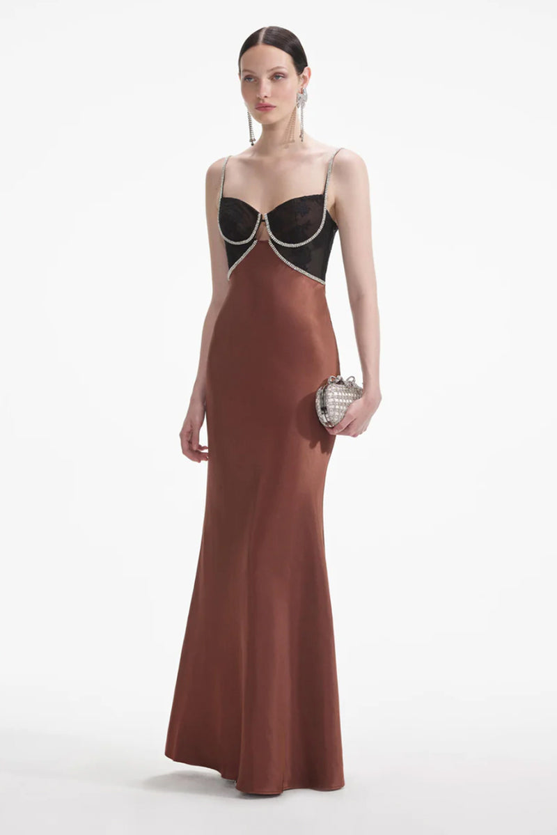 Satin Diamante Maxi Dress Brown Filly s Stable