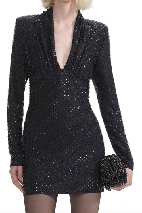 Jersey Rhinestone Mini Dress - Black