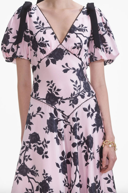 Satin Floral Midi Dress - Pink