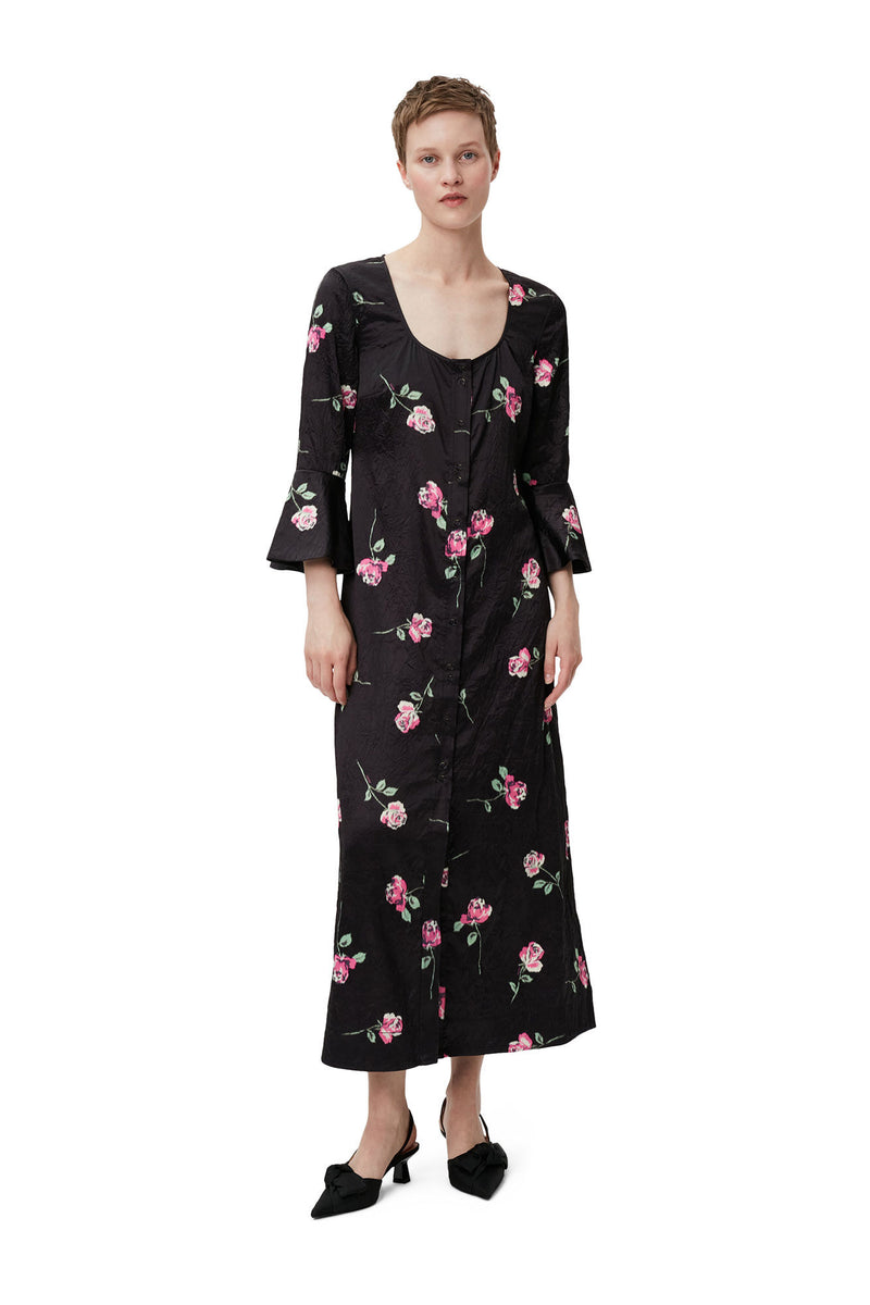 Crinkled Satin U-neck Long Dress - Black