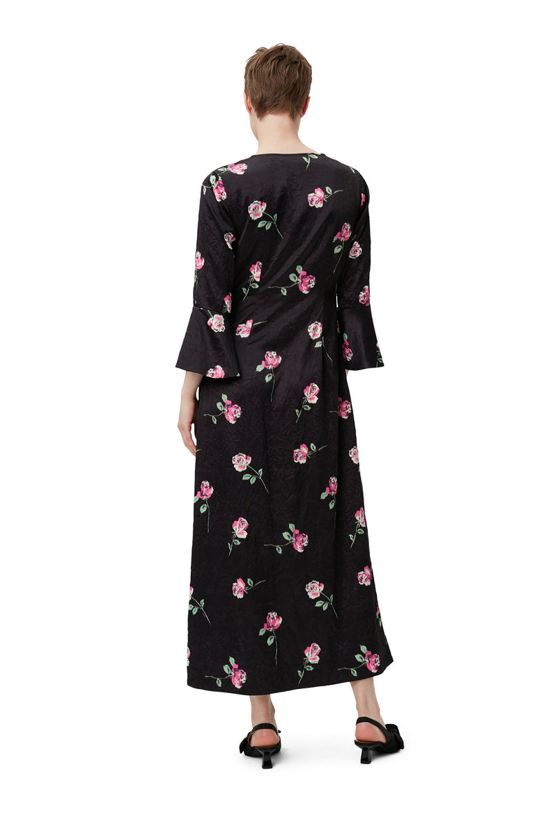 Crinkled Satin U-neck Long Dress - Black
