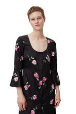 Crinkled Satin U-neck Long Dress - Black
