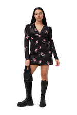 Crinkled Satin V-neck Mini Dress - Black