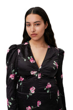 Crinkled Satin V-neck Mini Dress - Black