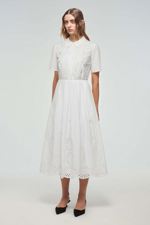 Cotton Broderie Midi Dress - White