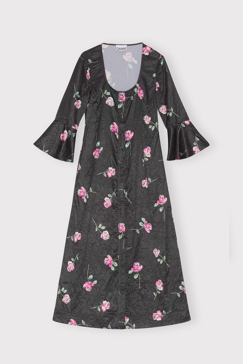 Crinkled Satin U-neck Long Dress - Black